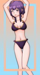 1girls alternate_costume arms_up ass_visible_through_thighs bangs bare_legs bernadetta_von_varley bikini breasts cirno_vevo female female_only fire_emblem fire_emblem:_three_houses legs looking_at_viewer medium_breasts nintendo on_back post-timeskip purple_bikini purple_eyes purple_hair purple_swimsuit short_hair smile solo swimsuit