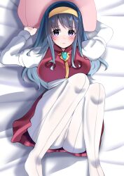 1girls bed blue_hair blush breasts dress female female_focus gem grabbing_pillow hairband holding_pillow jewelry large_breasts legs long_hair looking_at_viewer lufia lying motty necklace pillow puffy_sleeves purple_eyes sash sheets skirt tia white_legwear