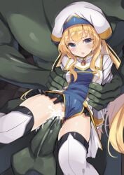 1boy 1girls blonde_hair foursome goblin goblin_male goblin_slayer green-skinned_male green_skin interspecies light-skinned_female light_skin mmmf_foursome priestess_(goblin_slayer) sex yui_usui1202