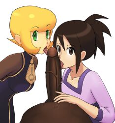 1boy 2girls akane_hoshikawa blonde_hair brown_eyes brown_hair clothed clothed_female_nude_male dark-skinned_male fellatio green_eyes hope_stelar interracial licking licking_penis light-skinned_female looking_at_viewer matilda_caskett mega_man mega_man_legends mega_man_star_force oral oral_sex penis skullkidsak veiny_penis