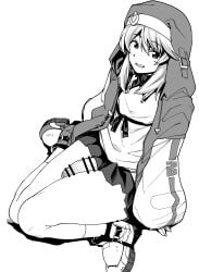 1boy absurdres bar_censor bridget censored femboy flaccid full_body greyscale grin guilty_gear guilty_gear_strive habit hair_between_eyes highres hood hoodie kaauchi long_hair looking_at_viewer male male_only monochrome open_clothes open_hoodie penis shirt shoes simple_background sitting skirt sleeves_past_wrists smile sneakers solo solo_male wariza white_background