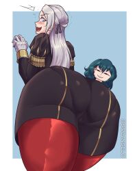 2girls @_@ ass ass_focus blue_background blush byleth_(fire_emblem) byleth_(fire_emblem)_(female) edelgard_von_hresvelg embarrassed female female_only fire_emblem fire_emblem:_three_houses from_below gloves grey_hair grin large_ass long_hair looking_back looking_down medium_hair multiple_girls nintendo open_mouth pantyhose pantylines purple_eyes sireangelo smile solo_focus teal_hair yuri