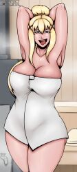 armpits arms_behind_head bathroom blonde_hair blue_eyes darkness_(konosuba) kono_subarashii_sekai_ni_shukufuku_wo! large_breasts light-skinned_female light_skin long_hair red_lipstick romman08 thick_thighs towel wide_hips