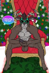 anthro antlers aquapunkarts balls capreoline cervid christmas christmas_decorations christmas_present christmas_tree erection eyewear genitals hi_res holding_penis holidays horn male male_focus mammal nipples novelty_glasses nude_male penis plant reindeer rudolph smile smirk solo speech_bubble sunglasses sunglasses_on_face text tree video_games watermark