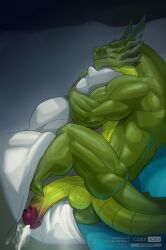 anthro balls bodily_fluids closed_eyes cum dragon genital_fluids genitals hi_res hugging_pillow jackie_chan_adventures male male_only penis scalie shendu sleeping solo todex vein veiny_penis