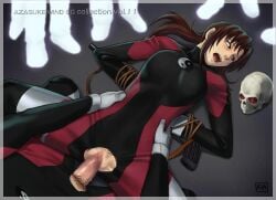 arms_behind_back azasuke black_lagoon bodysuit bondage bound_hands bound_wrists brown_eyes brown_hair censored dutch_angle ghost glowing_eyes highres long_hair penis ponytail pubic_hair pussy rape red_eyes restrained revy sex skull skulls spirit tied_hair torn_clothes wetsuit