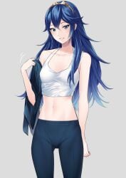 1girls alternate_costume ameno_(a_meno0) bangs blue_eyes blue_hair blue_pants blue_sweater blush breasts collarbone female female_only fire_emblem fire_emblem_awakening grey_background grin hair_between_eyes lips long_hair looking_at_viewer lucina_(fire_emblem) midriff navel nintendo pants pink_lips ribbed_sweater simple_background sleeveless small_breasts smile solo stomach sweat sweater sweater_removed tank_top teeth tiara white_tank_top yoga_pants