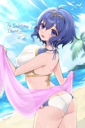 1girls alternate_costume ass beach big_ass bikini blue_eyes blue_hair female female_only fire_emblem fire_emblem_awakening looking_at_viewer medium_breasts morgan_(fire_emblem) morgan_(fire_emblem)_(female) nintendo open_mouth shimizu_akina skeb_commission smile solo swimsuit tiara white_bikini white_swimsuit