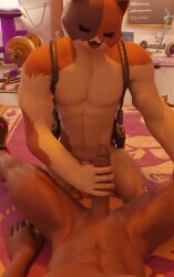 abs belly_button big_penis buff burning_wolf_(fortnite) cat cat_boy cat_ears catboy fortnite furry gay genitals hand_job male male/male meowscles_(fortnite) penis precum tan tip white_fur