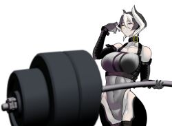 alternate_costume big_breasts black_and_white_hair black_eyes breasts collar elbow_gloves expressionless female female_only harness leotard light-skinned_female light_skin looking_at_viewer made_in_abyss mature_female ozen pale-skinned_female pale_skin short_hair solo two_tone_hair wakusan weightlifting weights workout
