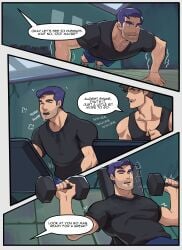 1boy 2boys alex_(stardew_valley) bara brown_hair comic english_text exercise kaito_draws male_only muscular muscular_male purple_hair shane_(stardew_valley) speech_bubble stardew_valley sweat weightlifting workout yaoi