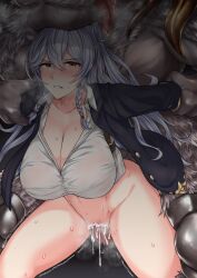 1girls 1monster animal blush bottomless braid breasts cleavage coat cum cum_inside female granblue_fantasy interspecies large_breasts light-skinned_female light_skin long_hair navel okasira_(okasira4545/superkurounmo) penis sex silva_(granblue_fantasy) silver_hair sweat yellow_eyes