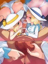 2girls alternate_color bangs blonde_hair blue_ribbon blunt_bangs braid collared_dress dress fellatio green_eyes hat hat_ribbon highres kinocopro licking licking_penis lillie_(pokemon) lillie_(special_costume)_(pokemon_masters) long_hair looking_at_viewer male_pubic_hair multiple_girls multiple_views official_alternate_costume oral penis pokemon pokemon_(game) pokemon_masters pokemon_masters_ex pokemon_sm pov pov_crotch pubic_hair ribbon sleeveless sleeveless_dress straight sun_hat sundress twin_braids white_dress white_headwear