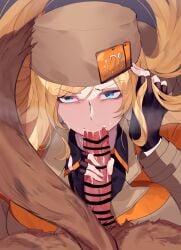 blonde_hair blue_eyes canid canid_on_humanoid canine canine_on_human canine_penis censored clothed_female cum cum_in_mouth disgusted dog domestic_dog empty_eyes endured_face fellatio female female_human feral forced guilty_gear guilty_gear_strive hat hetero huhuhu huhuhu4949 human long_hair looking_at_viewer looking_up male male/female male_canine millia_rage nude oral oral_penetration orange_headwear overflow pantyhose penis prehensile_hair pubic_hair rape solo_focus straight uncomfortable zoophilia