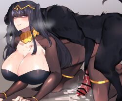 1girls after_sex after_vaginal bangs bare_shoulders black_hair blunt_bangs bodystocking bracer breasts canid canid_on_humanoid canine canine_on_human canine_penis censored circlet cleavage cum cum_drip cum_in_pussy dog doggy_style domestic_dog female female_human female_human/male_feral feral fire_emblem fire_emblem_awakening grin heavy_breathing highres huge_breasts huhuhu4949 human interspecies long_hair looking_at_viewer male male/female male_canine neck_ring penis purple_eyes smile solo straight tharja_(fire_emblem) thick_thighs thighlet thighs tiara two_side_up vagina zoophilia