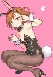 1girls 2020s 2022 animal_ears arm_up armpits bangs bare_shoulders black_bow black_bowtie black_footwear black_hairband black_leotard bow bowtie breasts brown_eyes brown_hair brown_legwear cleavage clenched_teeth detached_collar fake_animal_ears fake_tail female haimura_kiyotaka hairband high_heels higher_resolution_duplicate leotard looking_at_viewer misaka_mikoto official_art parted_lips pink_background playboy_bunny rabbit_ears rabbit_tail short_hair small_breasts solo squatting strapless strapless_leotard tail teenage_girl teenager teeth to_aru_kagaku_no_railgun to_aru_majutsu_no_index wrist_cuffs young