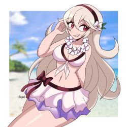 alternate_costume bikini breasts corrin_(fire_emblem) corrin_(fire_emblem)_(female) corrin_(summer)_(fire_emblem)_(female) female female_only fire_emblem fire_emblem_fates fire_emblem_heroes nintendo official_alternate_costume pointy_ears red_eyes regentb01 solo swimsuit white_bikini white_swimsuit