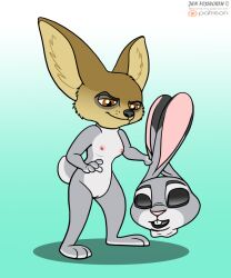 2020 anthro big_ears breasts buckteeth canid canine clothing digital_media_(artwork) disguise disney female fennec finnick fox fur genitals gore half-closed_eyes holding_object inner_ear_fluff jen_foxworth judy_hopps lagomorph leporid looking_down male mammal mask narrowed_eyes nipples orange_eyes pink_nipples pussy rabbit simple_background small_breasts smile smirk solo standing suit teeth tuft zootopia