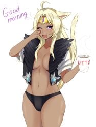 1futa animal_ears black_panties blonde_hair breasts cat_ears cat_tail catgirl clepovicka clothed clothing coffee dark-skinned_futanari dark_skin final_fantasy final_fantasy_xiv futa_only futa_sans_pussy futanari humanoid intersex jewelry kemonomimi l'fah_morcant miqo'te mostly_nude original original_artwork original_character panties purple_eyes rubbing_eyes seeker_of_the_sun simple_background sleepy solo standing trans_woman_(lore) vest white_background yawn