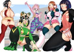 5girls big_ass big_breasts black_hair bodysuit brown_hair female_human froppy hero_outfit_(mha) high_heels human kosuken kyoka_jiro leotard light-skinned_female mina_ashido momo_yaoyorozu momo_yaoyorozu_(hero_outfit) multiple_girls my_hero_academia nipples ochako_uraraka ochako_uraraka_(hero_outfit) pink_hair pink_skin slim_waist small_breasts superhero_costume superheroine teenage_girl teenager thighhighs tsuyu_asui