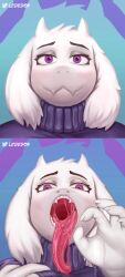 1girls anthro cartoony close-up fangs female female_only fur furry furry_only goat lededon milf mouth_shot open_mouth purple_eyes solo tongue tongue_out toriel undertale undertale_(series) white_fur