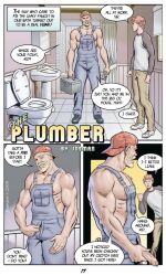 boner bulge caucasian caucasian_male comic dialogue erect_penis erection handjobs_magazine hard_on josman josman_comics male male_only muscles muscular muscular_male overalls penis_out plumber plumber_(josman) precum precum_drip teen_boy teenage_boy_(josman) text uncut writing