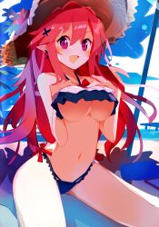 beach bikini bikini_bottom bikini_top breasts cleavage disgaea disgaea_5 large_breasts nanozenzen nippon_ichi_software pink_hair seraphina_(disgaea) underboob