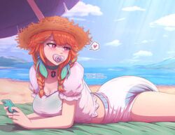 abdl beach diaper hat hololive hololive_english hololive_myth lazyblazy lazyblazy_(artist) lowres outdoors pacifier red_eyes red_hair tagme takanashi_kiara virtual_youtuber white_diaper