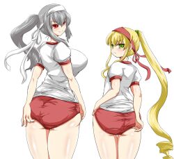 back_view big_ass big_breasts blonde_hair flat_chest green_eyes gym_uniform ponytail red_eyes rozen_maiden shinku silver_hair small_breasts suigintou