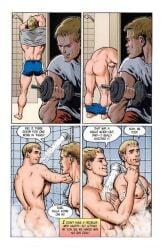 ass butt caucasian caucasian_male comic dialogue dilf handjobs_magazine jack_maguire josman josman_comics justin_maguire male male_only muscles muscular muscular_male shower showering teen_boy water working_out