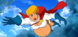 1girls belly big_belly big_breasts blonde_hair breasts cleavage dc_comics dcuaom edit female jtng23 kara_zor-el karen_starr power_girl power_girl_(public_enemies) pregnant screencap screenshot_edit solo_female superman/batman:_public_enemies superman_(series)