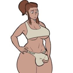 1futa 2021 2d balls big_breasts big_penis breasts brigitte brown_hair bulge clothed clothing flaccid futa_only futanari human light-skinned_futanari light_skin mostly_nude nightpickle overwatch penis short_hair solo standing