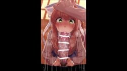 1boy 1girls animated blazer blue_skirt brown_hair censor_bar censored clothed cum cum_in_mouth cum_inside deepthroat doki_doki_literature_club fellatio female green_eyes hair_ribbon heart-shaped_pupils heart_eyes kneeling kneeling_oral_position large_penis mizumizuni monika_(doki_doki_literature_club) mp4 no_sound panting penis pillarbox ponytail school_uniform schoolgirl shorter_than_30_seconds slideshow steam steamy_breath tagme tears video white_bow