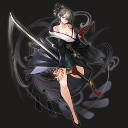 akeha assassin bare_legs bare_shoulders bare_thighs black_eyes black_hair black_lipstick breasts cleavage ear_piercing earrings gloves gurimjang holding_object holding_weapon kimono large_penis long_sleeves milf nier_(series) nier_reincarnation standing_on_one_leg standing_sex sweater tassel tassel_earrings tattoo tattoo_on_legs tattoos thick_ass thick_thighs weapon