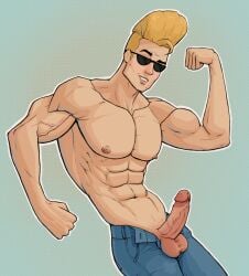 blonde_hair boner cartoon_network erect_penis erection flexing hard_on johnny_bravo johnny_bravo_(series) male male_focus male_only muscles muscular muscular_male penis_out posing proud_of_his_cock solo solo_male sunglasses unzipped_pants veiny_penis vir_vidal