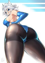 1girls ass ass_focus big_ass big_breasts black_legwear blue_eyes breasts hi_res highres huge_ass large_ass leotard looking_at_viewer sakuya_izayoi sideboob tajima_yuuki thick_thighs tight_clothing touhou