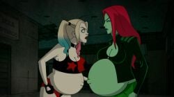 2d 2girls accurate_art_style batman_(series) belly big_belly big_breasts breasts cleavage dc_comics edit female green-skinned_female green_skin harley_quinn harley_quinn_(series) jtng23 multiple_pregnancies pamela_isley poison_ivy pregnant red_hair screenshot_edit