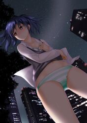 :t blush bra commentary_request danshi_koukousei_no_nichijou female from_behind ikushima_(danshi_koukousei) lingerie navel night night_sky panties pantyshot photoshop_(medium) pout red_eyes shichisei shooting_star short_hair sky solo star_(sky) striped striped_panties sweat underwear undressing white_bra