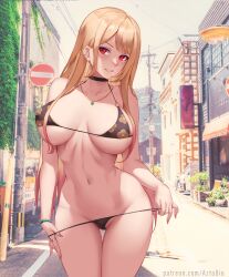 1girls 2022 artist_signature azto_dio bikini bikini_bottom_pull black_bikini blonde_hair breasts city female female_only flower_pattern gyaru hips huge_breasts kitagawa_marin long_hair looking_at_viewer naughty_face outdoors red_eyes slim_waist smile sono_bisque_doll_wa_koi_wo_suru suggestive_look thick_thighs thighs wide_hips