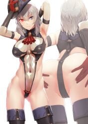 1girls armpits arms_up ass back bangs bare_shoulders black_footwear blue_eyes boots breasts covered_navel cowboy_hat eden's_ritter eden's_ritter_grenze elbow_gloves gloves grey_hair grey_leotard hat heterochromia highleg highleg_leotard kageshio_(276006) large_breasts leotard long_hair looking_at_viewer multiple_views red_eyes red_gloves silver_(eden's_ritter) thigh_boots thighhighs thighs