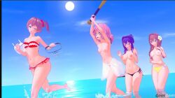 4girls baseball_bat bat black_swimsuit blue_eyes blue_sky bow bow_in_hair breasts brown_hair chasing doki_doki_literature_club female female_only flower_in_hair green_eyes koikatsu long_hair monika_(doki_doki_literature_club) multiple_girls natsuki_(doki_doki_literature_club) nipples one_eye_closed open_mouth orange_hair pink_hair purple_hair red_bow red_swimsuit sayori_(doki_doki_literature_club) striped_swimsuit sun tied_hair topless white_swimsuit winking yellow_swimsuit yuri_(doki_doki_literature_club)