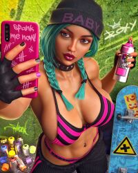 1girls 3d 5_fingers athletic athletic_female big_breasts blue_hair breasts busty clothing eyebrows eyelashes eyes female fingers fit fit_female graffiti hair huge_breasts large_breasts lips lipstick long_hair nails original original_character roxy_morris shockabuki skater spray_can spray_paint streetwear voluptuous