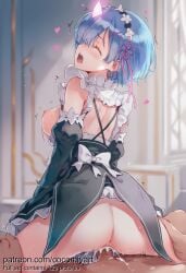 1boy 1girl 2026 ai_generated anus ass black_dress blue_hair blush breasts breasts_out closed_eyes cocomiyart cum cum_in_pussy cum_overflow detached_sleeves dress flower_knot frills from_behind girl_on_top glowing_horns hair_ornament hair_over_one_eye hair_ribbon head_wreath heart hetero highres horns indoors maid maid_headdress medium_breasts nipples nsfw open_mouth penis pink_ribbon pussy reverse_cowgirl_position ribbon ribbon-trimmed_clothes ribbon_trim roswaal_mansion_maid_uniform saliva sex sex_from_behind short_hair single_horn solo_focus straddling sweat thigh_grab uncensored vaginal x_hair_ornament