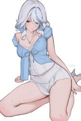 1girls 2d 2d_(artwork) artist_name bare_arms bare_thighs blue_clothing blue_eyes blush cardigan digital_media_(artwork) female furina_(genshin_impact) genshin_impact hair_between_eyes heels heterochromia hoyoverse light-skinned_female light_skin looking_away looking_down mihoyo multicolored_hair necklace on_knees quilm sitting solo tagme wet wet_body wet_skin white_background white_clothing white_hair