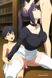 1girl ai_assisted ai_generated anime_coloring black_hair cat_ears cock_in_pussy collar collarbone creampie deepthroat group_sex inside kneeling library long_hair moaning parted_bangs ponytail purple_eyes purple_hair pussy_sex saliva shaking side_view spread_legs sung_jin_woo white_stockings