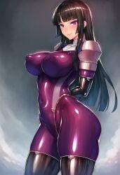 ai_generated big_ass civitai huge_breasts impossible_clothes kamori_sayaka latex_clothing latex_gloves latex_legwear latex_thighhighs nun nun_outfit purple_bodysuit rindou_aya_style shiny_clothes voluptuous