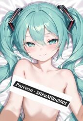 ai ai_art ai_generated bedroom_eyes blank_background blue_eyes blue_hair blush censor_bar censored flat_chest hatsune_miku light-skinned_female light_skin looking_at_viewer naked nude on_back seductive seductive_eyes seductive_look seductive_smile topless topless_female vocaloid