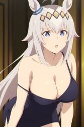 ai_generated black_dress blue_eyes cleavage dress horse_ears horse_girl large_breasts long_hair oguri_cap_(umamusume) strap_slip umamusume white_hair