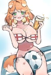 1girl 1girls animal_ears ass ball big_breasts bikini blonde_hair blush bonnie_barkswell breasts cleavage colored_tips commentary dog_ears dog_girl dog_tail english_commentary female flag_print flag_print_bikini from_behind green_eyes highres indie_virtual_youtuber large_breasts looking_at_viewer looking_back micro_bikini multicolored_hair print_bikini shiny_skin simple_background skindentation soccer_ball solo standing swimsuit tail tits virtual_youtuber vtuber white_background white_hair