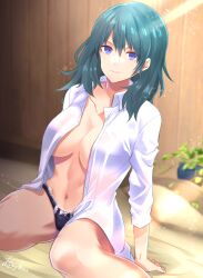 1girls absurdres arm_support bangs black_panties blue_eyes blue_hair blurry blurry_background bow bow_panties breasts byleth_(fire_emblem) byleth_(fire_emblem)_(female) collarbone commentary_request feet_out_of_frame female female female_only fire_emblem fire_emblem:_three_houses hair_between_eyes highres huleito indoors large_breasts light_rays long_hair long_sleeves looking_at_viewer navel nintendo open_clothes open_shirt panties plant shirt sitting solo stomach teal_hair underwear wariza white_shirt